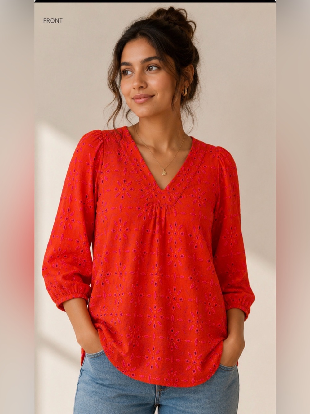 J. Jill Embroidered Orange Pink Boho Peasant Blouse Size Small 3/4‎ Sleeve